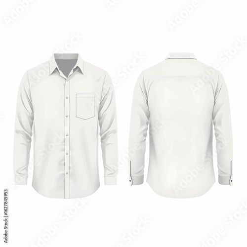 Classic white long-sleeved dress shirt mockup. Blank men's formal clothing template, front and back view isolated.