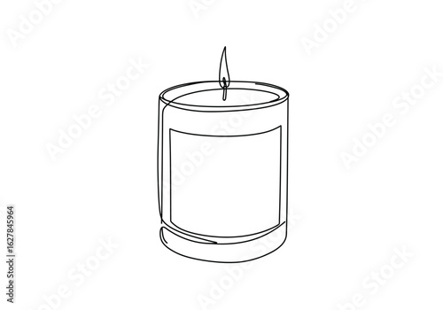 Candle drawing. It is a black and white outline drawing of a lit candle in a jar, depicting warmth, relaxation, and a cozy atmosphere. Vector sketch line art draw.