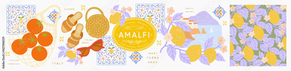 custom made wallpaper toronto digitalAmalfi. Vector summer mediterranean illustrations of italian coast, lemons, pattern, tomato in wicker string bag, tile, ceramics, sandals with bag and sunglasses for postcard, poster or background