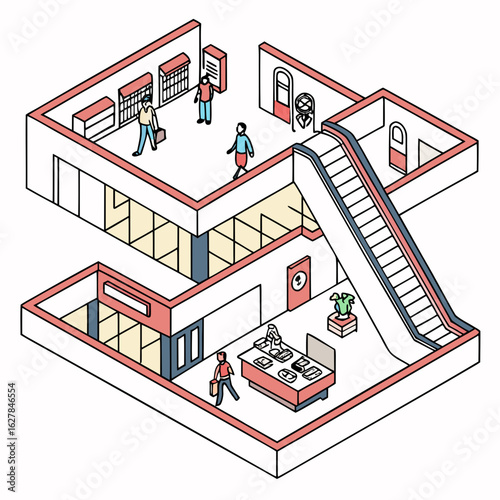 Isometric View of a Two- Story Shopping Mall Interior retail store