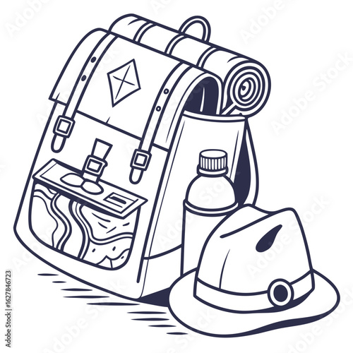 Outline of camping backpack hat map and water bottle hiking adventure