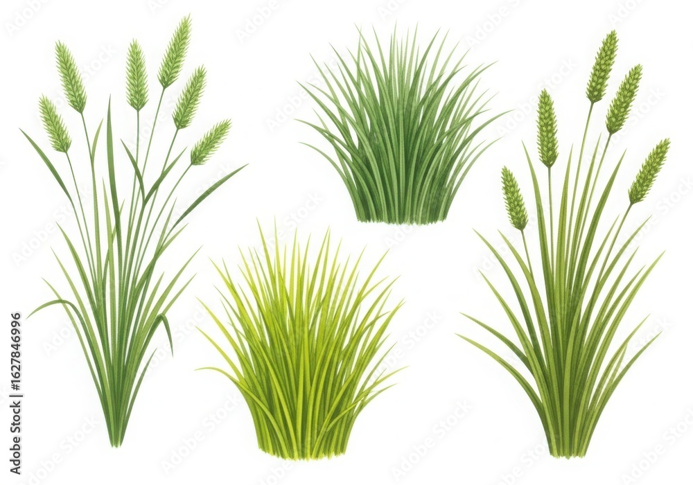 Fototapeta premium Various types of green grass isolated on white background