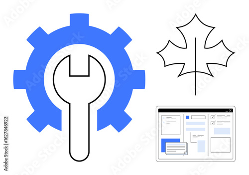 Gear with wrench representing development, maple leaf symbolizing nature, and a browser window themed on UIUX design. Ideal for development, ecology, technology, engineering, nature, sustainability