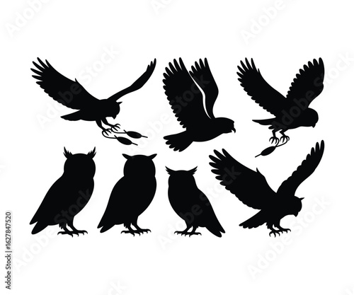 Silhouettes of owls in different poses