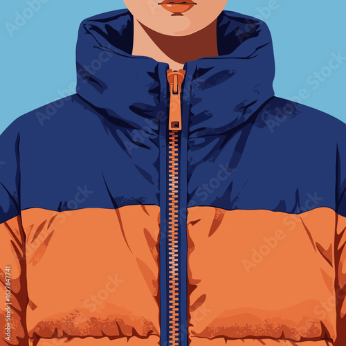 Jacket zipper closeup on stylish orange and blue outerwear  