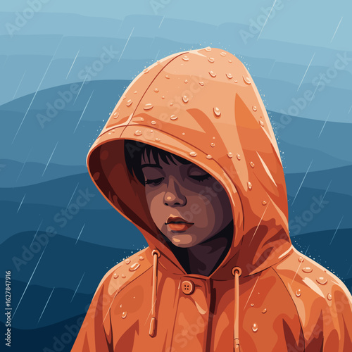 Child wearing orange raincoat with raindrops during rainfall  