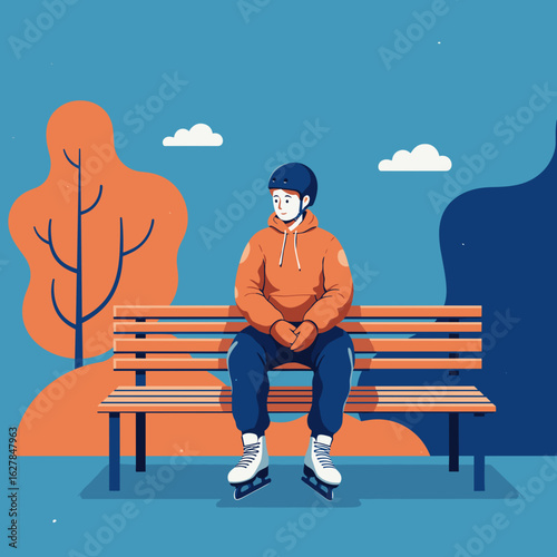 Male ice skater sitting on bench in park during winter season  