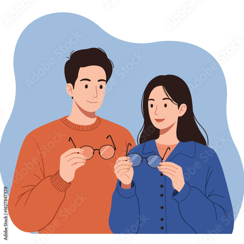 Couple holding glasses and smiling in an illustrated style  