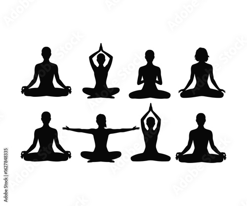 Yoga poses silhouettes on white background