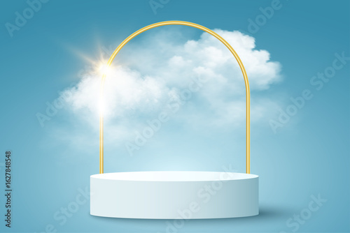 3D fashion pedestal with golden arc, realistic fluffy clouds and sun light effect on blue background. Seasonal sunny platform for product display, branding or presentation. Vector illustration.
