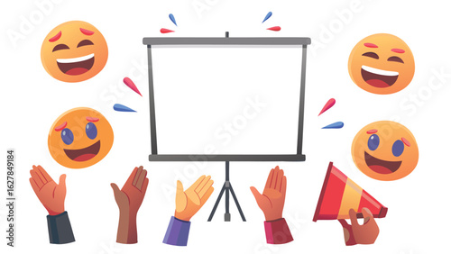 Presentation screen with happy emojis, clapping hands, and a party horn in a celebratory scene