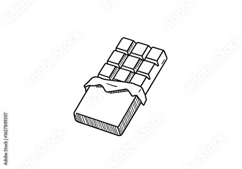 Chocolate bar drawing. It is a black and white outline drawing of a chocolate bar with some of its wrapper peeled back, revealing segmented squares of a sweet dessert. Vector sketch line art draw.
