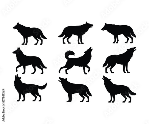 Silhouette illustrations of various wolf poses