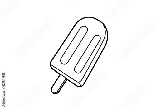 Ice candy drawing. It is a black and white outline drawing of an ice candy or popsicle on a stick, representing a cool and refreshing frozen treat. Vector sketch line art draw.