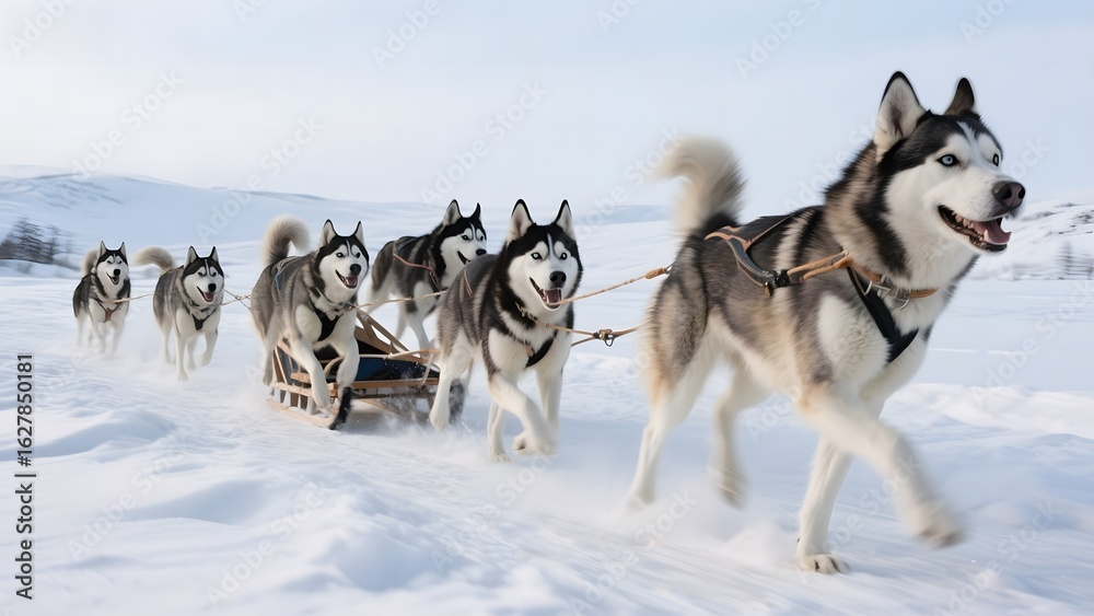 Naklejka premium Team of Huskies Pulling a Sled Across Snowy Terrain
