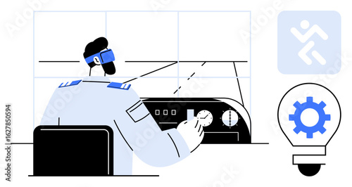 Pilot adjusting controls at a dashboard, navigation screen and technology icon nearby. Ideal for aviation, navigation, technology, innovation, strategy, control systems, and leadership concepts