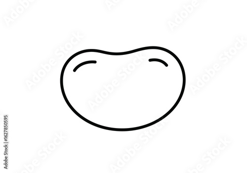Jelly bean drawings. It is a black and white outline drawing of a single jelly bean, representing a small, sweet, fruit-flavored confectionery. Vector sketch line art draw.