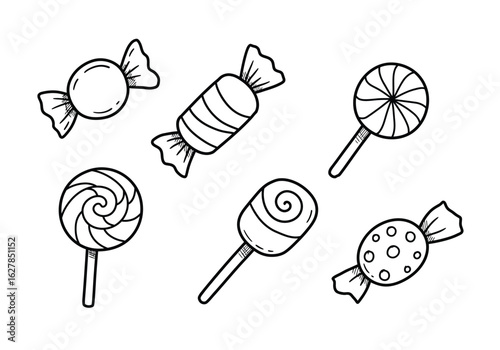 Lollies drawing. It is a black and white outline drawing of an assortment of lollipops and wrapped candies, depicting a collection of sweet confectionery treats. Vector sketch line art draw.