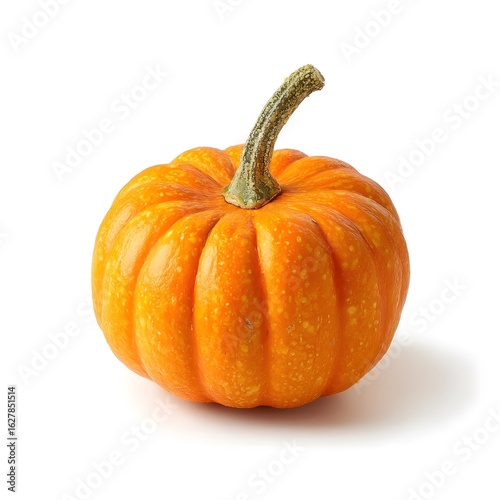 Small orange pumpkin with a green stem on a white background.