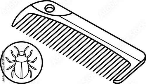 Lice Comb Icon with Bug – Vector Line Art for Hygiene and Pest Control