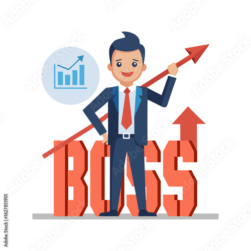 Confident Boss Holding Business Growth Arrow Symbolizing Success, Leadership, Financial Growth, and Corporate Strategy in a Modern Office Environment