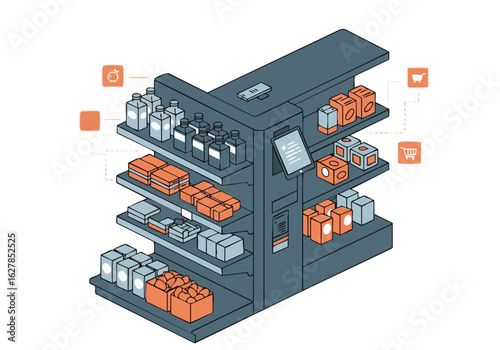A stylized isometric illustration of a smart shelf system with integrated shopping features. Modern, clean design with product displays and digital interface. Ideal for retail and technology concepts.