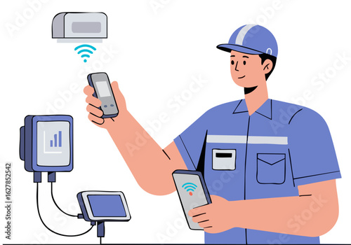 A technician adjusts a smart device using a smartphone, showcasing remote control and connectivity. Modern illustration style.