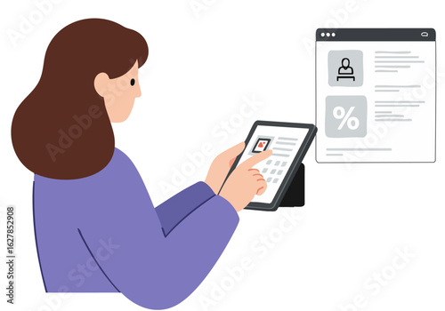 A woman uses a tablet to checkout online. Modern flat design illustration. Focus on a simplified checkout process. Suitable for e-commerce marketing.