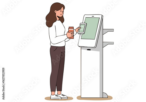 A woman uses a touchscreen kiosk to purchase a drink. Modern, clean design with a focus on technology and convenience. Bright, inviting atmosphere.