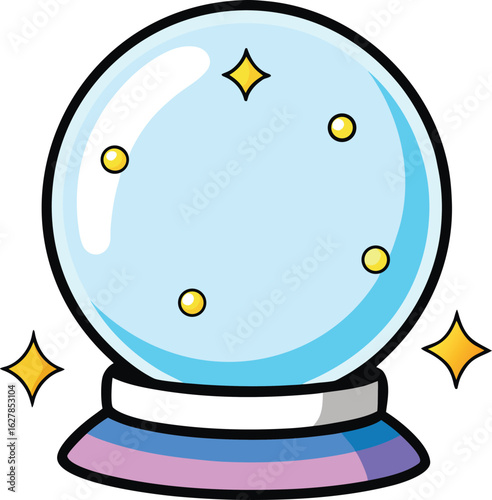 A cartoon crystal ball with yellow stars and circles on a pastel stand fortune telling magic