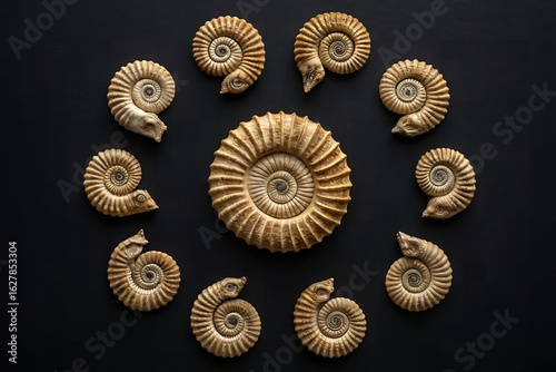 Symmetrical arrangement of fossilized sea creatures on black background