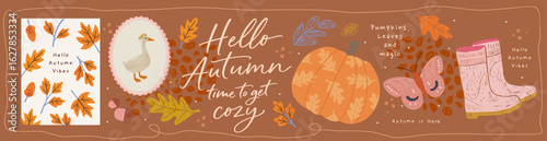 Hello autumn! Vector aesthetic illustration of pumpkin, lettering, acorn leaves, rubber boots, butterfly and goose in frame for greeting card, icons or poster