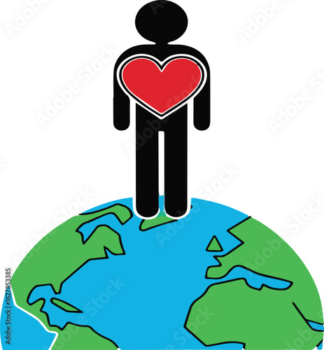 Figure with heart on globe representing global humanity and health earth world