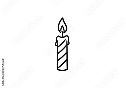 Birthday candle drawing. It is a black and white outline drawing of a lit birthday candle with a striped design, symbolizing celebration, wishes, and festive occasions. Vector sketch line art draw.