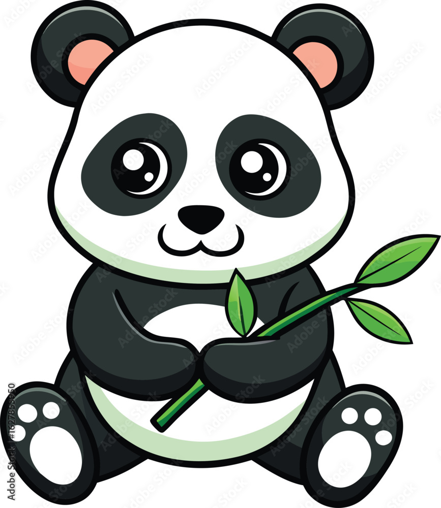 Obraz premium Cute cartoon panda bear holding a bamboo stalk with green leaves vector