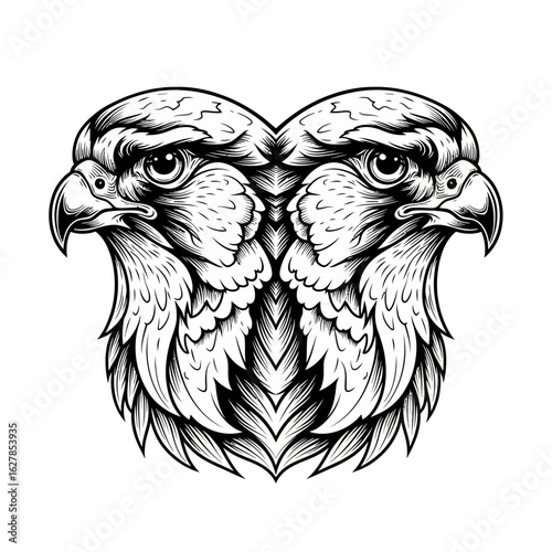 Two majestic peregrine falcon heads, mirrored, detailed line art.