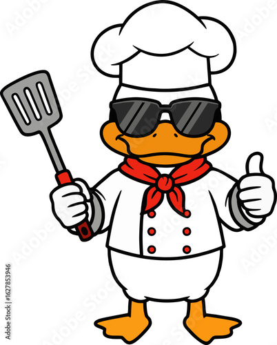 Duck Chef Cartoon Character with Spatula and Thumbs Up