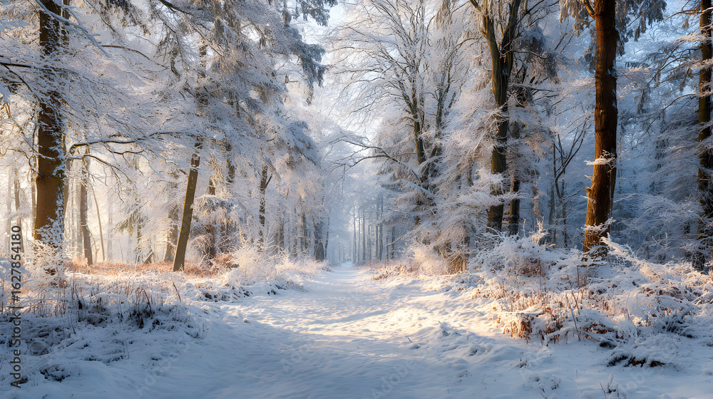Tranquil winter wonderland scene featuring a snow-covered forest path through trees draped in white frost bathed in the serene glow of natural sunlight ideal for seasonal Tranquil winter wonderland scene featuring a snow-covered forest path through trees draped in white frost bathed in the serene glow of natural sunlight ideal for seasonal