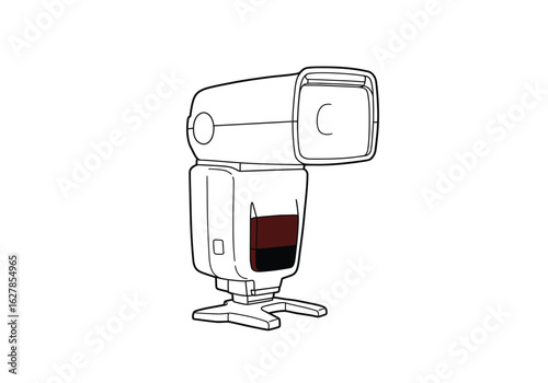 Camera flash drawing. A black and white outline drawing of an external camera flash unit, used in photography to provide additional illumination for capturing images. Vector sketch line art draw.