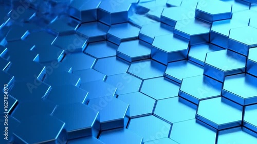 A blue, metallic, hexagonal pattern is shown in a 3D rendered image with a gradient and reflective surfaces. The image looks techy