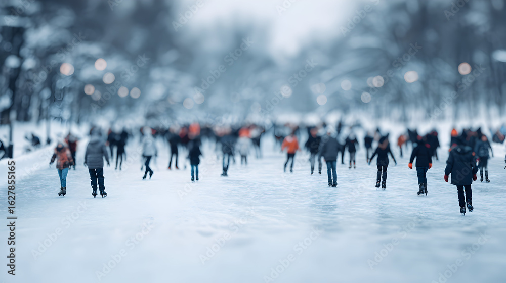 Obraz premium Frozen Fun Winter Wonderland A Crowd Ice Skating At Outdoor Rink Experience Joyful Winter Activities In Public Park With Snowy Landscape And Gentle Bokeh Lights On Cold Day