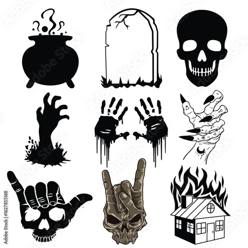 Spooky Halloween Silhouettes Cauldron, Tombstone, Skull, Zombie Hand, Handprints, and more.