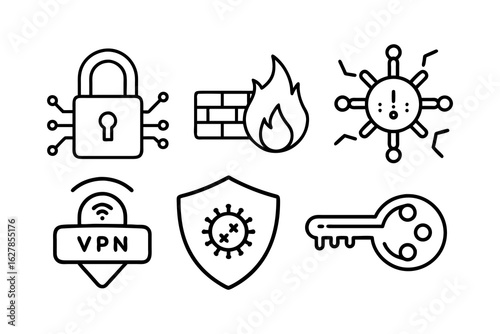 Digital Lock, Firewall, Virus Alert, VPN, Antivirus Shield, and Encryption Key Line Icons