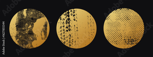 Circle with rough grunge texture. Golden gradient round shape. Frame for design. Texture overlay. Dirty round background. Stamp, sticker vector. 