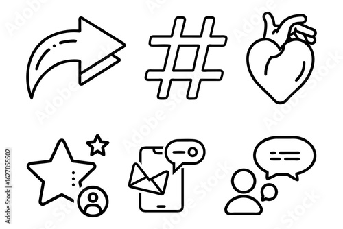 Share, Hashtag, Heart, Favorite, Message, and Chat Line Icons