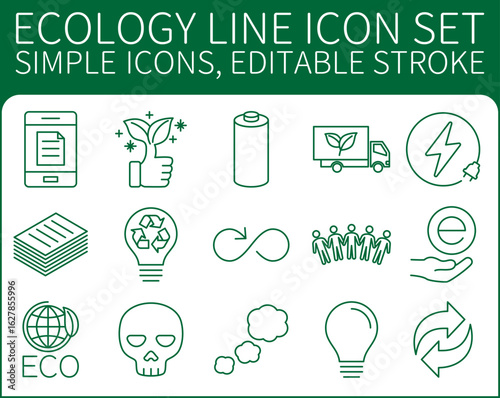 Ecology Line icon set 15 simple icons, editable stroke
