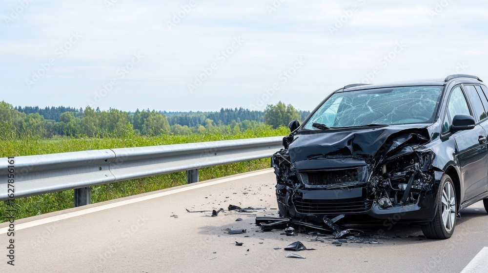 Damaged Black Car on Roadside After Crash Amidst Nature Background Damaged Black Car on Roadside After Crash Amidst Nature Background