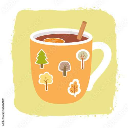 Flat cartoon illustration of an autumn-themed mug Mug with a hot beverage. Hand-drawn style with cinnamon stick and orange slice. Perfect for seasonal prints and graphic projects.