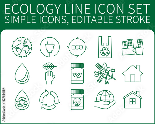 Ecology Line icon set 15 simple icons, editable stroke