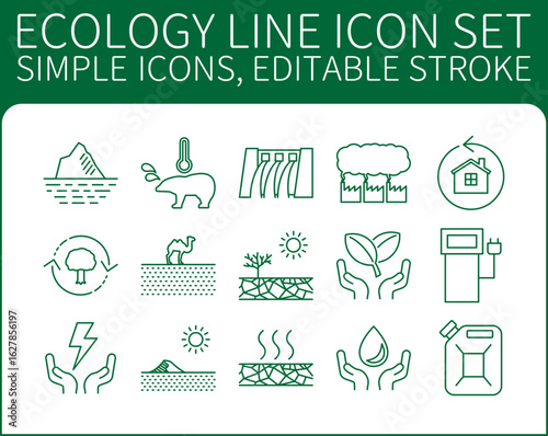 Ecology Line icon set 15 simple icons, editable stroke